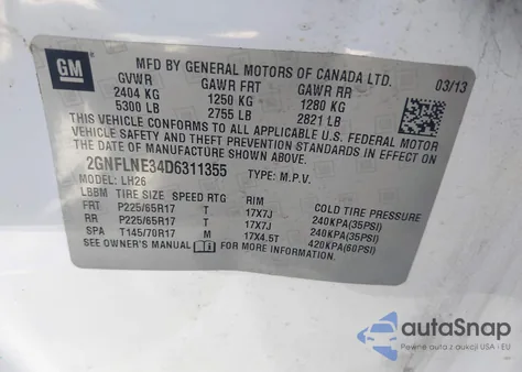 2013 Chevrolet Equinox 2Lt z USA, uszkodzony, nr VIN 2GNFLNE34D6311355